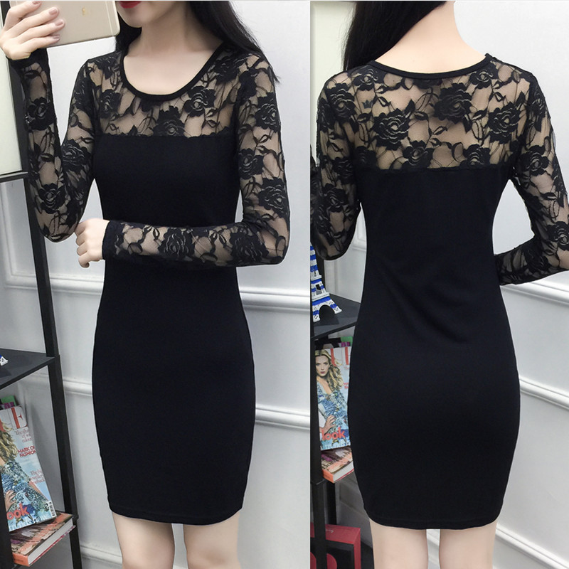 春秋季打底裙长袖女装包臀裙韩版中长款修身性感显瘦蕾丝连衣裙