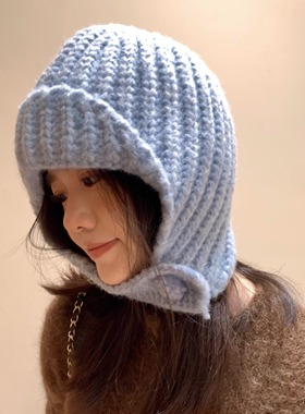 ins韩国蓝色羊毛针织帽秋冬时髦复古护耳保暖川西旅游可爱飞行帽