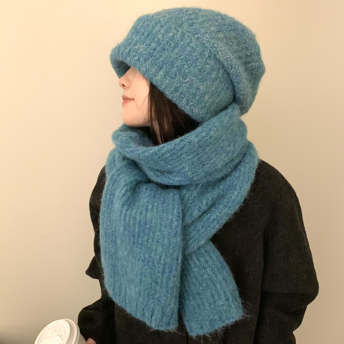 复古小众蓝绿色针织围巾帽子二件套女冬季加厚保暖大头堆堆冷帽韩