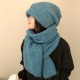 复古小众蓝绿色针织围巾帽子二件套女冬季 加厚保暖大头堆堆冷帽韩
