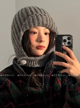 超韩～ins可爱毛球针织毛线帽子女冬韩系复古保暖骑车灰色飞行帽