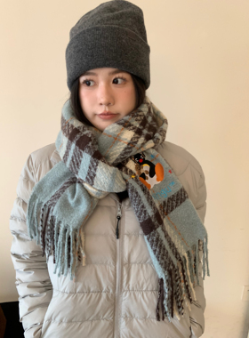 ins韩版蓝色格子仿羊绒围巾女冬季长款流苏保暖复古百搭时髦披肩