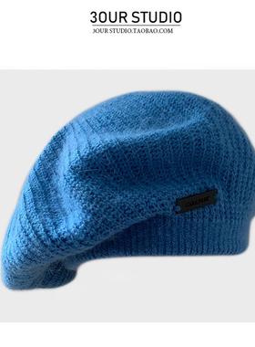 大头围针织兔毛贝雷帽女日系大版型时髦复古蓝色画家帽韩系毛绒帽