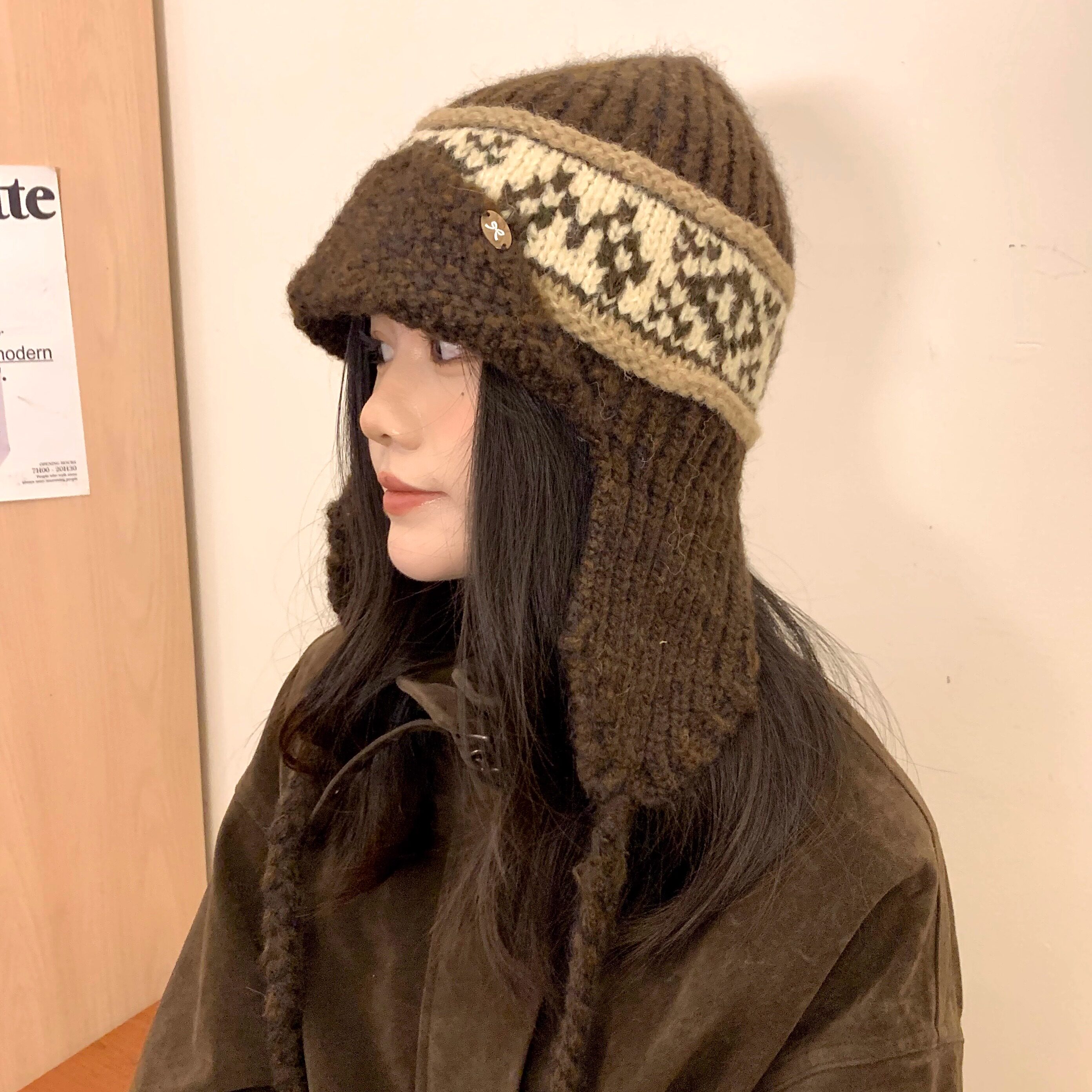 复古费尔岛提花针织帽子女秋冬韩版护耳雷锋帽双辫子显脸小飞行帽