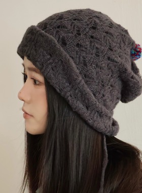 超软细腻羊毛针织帽子女秋冬彩色小球日系复古高级灰色文艺堆堆帽