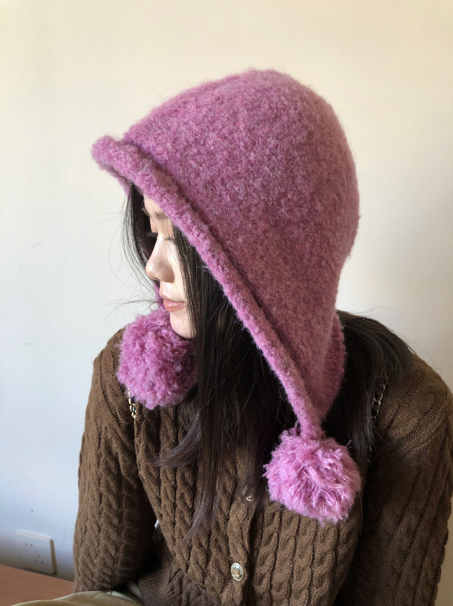 双球圈圈羊毛针织帽子女秋冬韩版复古百搭显白梅子粉保暖护耳帽潮