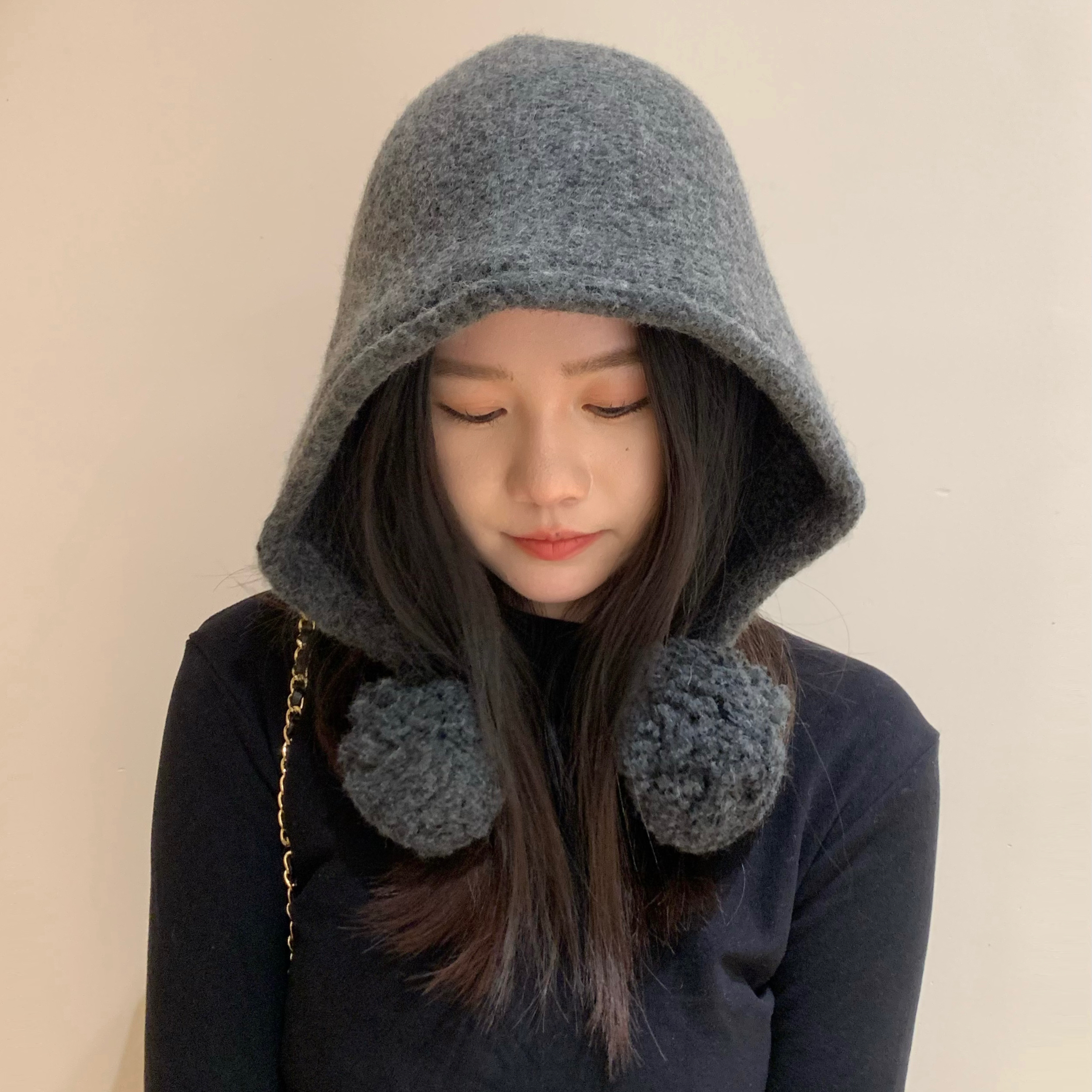 松弛感羊毛针织巴拉克拉法帽子女秋冬双毛球保暖文艺后开叉渔夫帽