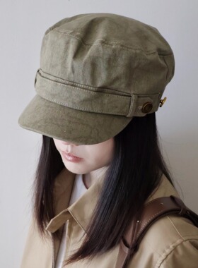 古早韩味复古绿色马术帽女秋冬时髦复古钮扣显脸小宅女同款鸭舌帽