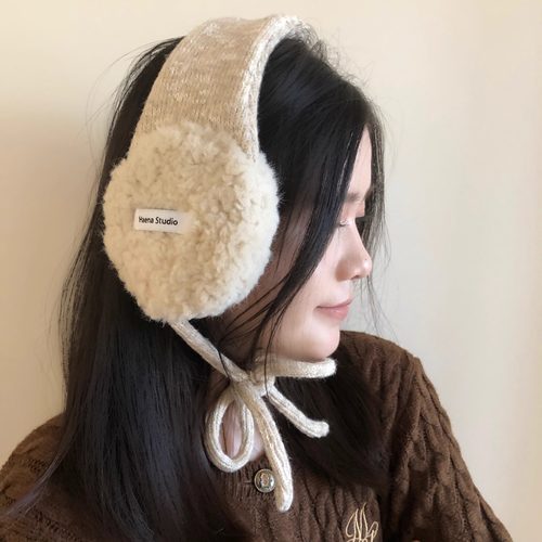 ins韩国羊羔毛保暖耳罩女冬韩版时髦温暖系带蝴蝶结户外骑车耳套