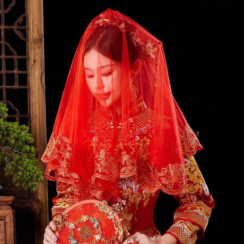 红盖头结婚新娘主婚纱中式婚礼秀禾夏季用蒙头红色喜帕半透明头纱