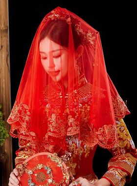 红盖头结婚新娘主婚纱中式婚礼秀禾夏季用蒙头红色喜帕半透明头纱