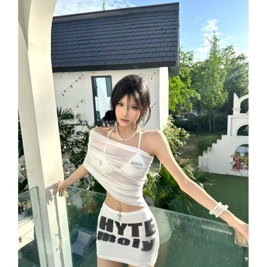 美式一字肩罩衫女夏季腰头切割拼接印花吊带上衣辣妹比基尼两件套