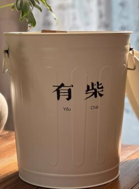 奶白色户外营地圆形垃圾桶木头木块柴火木炭收纳桶烤漆有盖铁桶