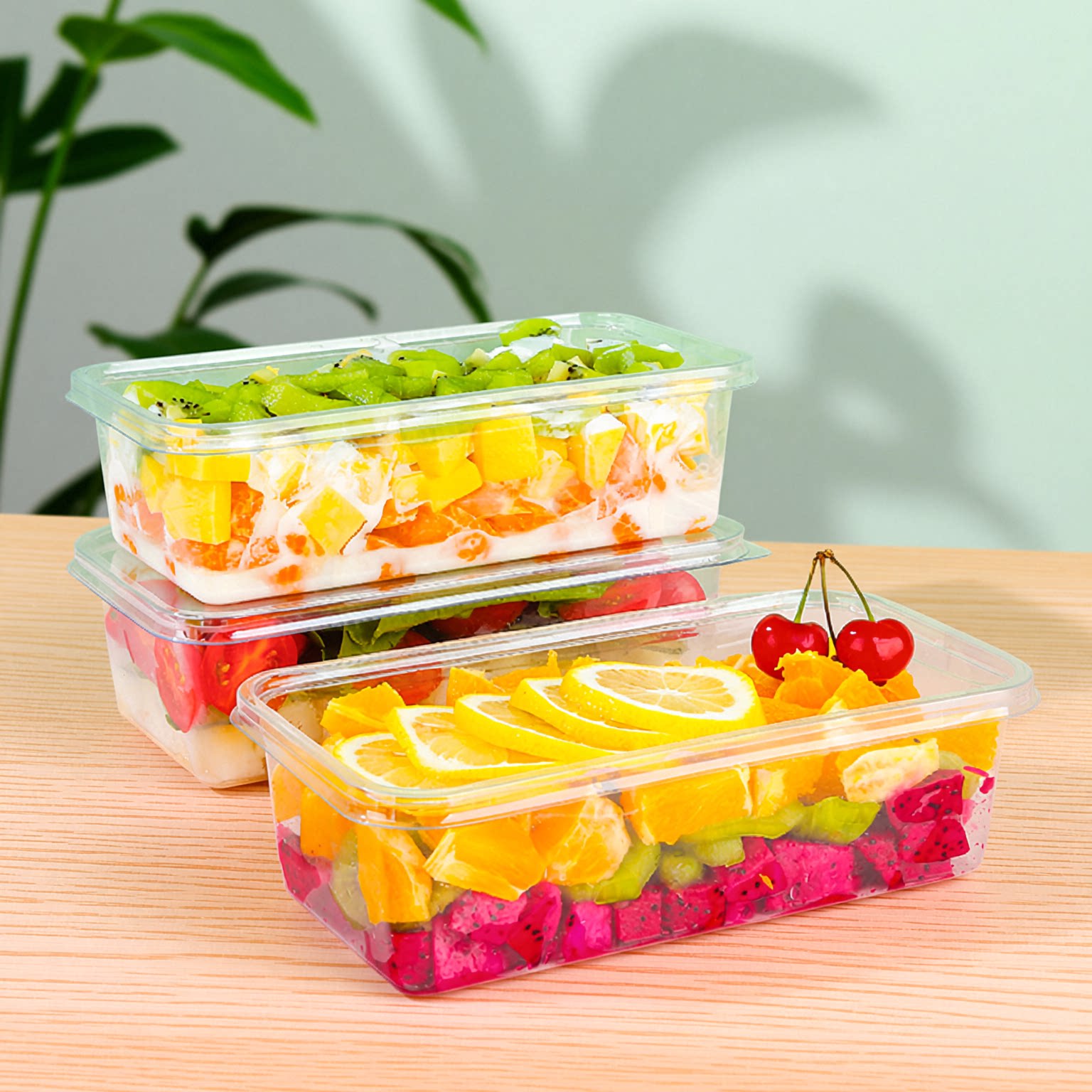 一次性水果切打包盒带盖餐盒沙拉轻食全透明加厚外卖盒点心小吃盒