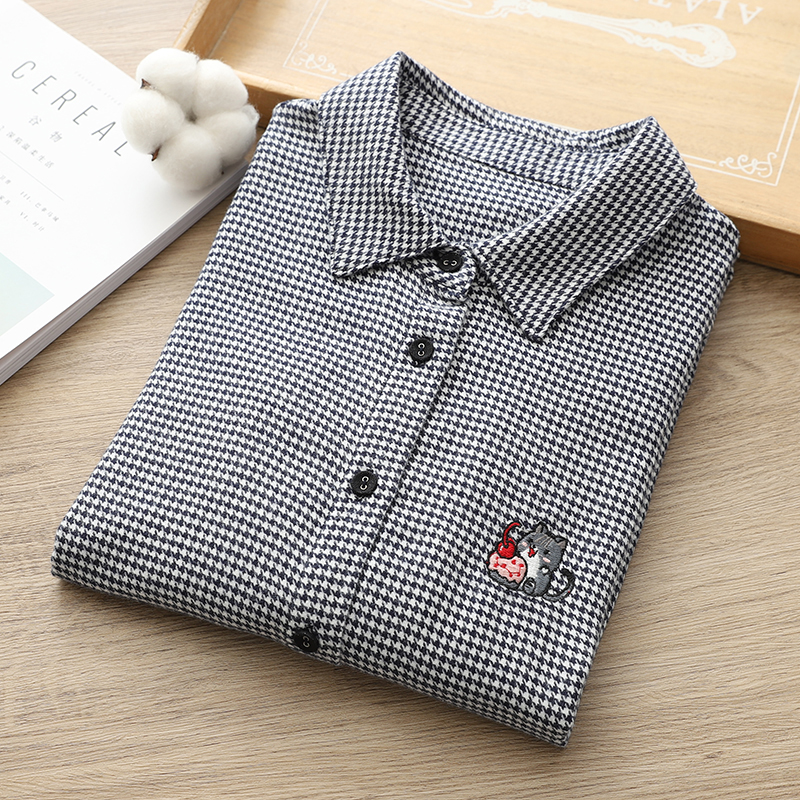 宽松千鸟格纯棉磨毛长袖衬衫