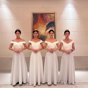 出租租赁白色礼仪礼服开业庆典礼仪年会礼仪服装租赁演出服一字肩