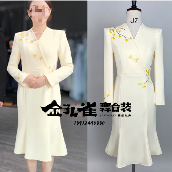 礼仪米色鱼尾款刺绣礼服中长款修身套装新中式礼服裙