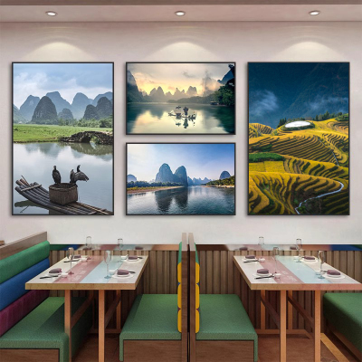 桂林山水风景挂画广西阳朔餐厅墙面装饰画农家乐饭店农耕漓江壁画