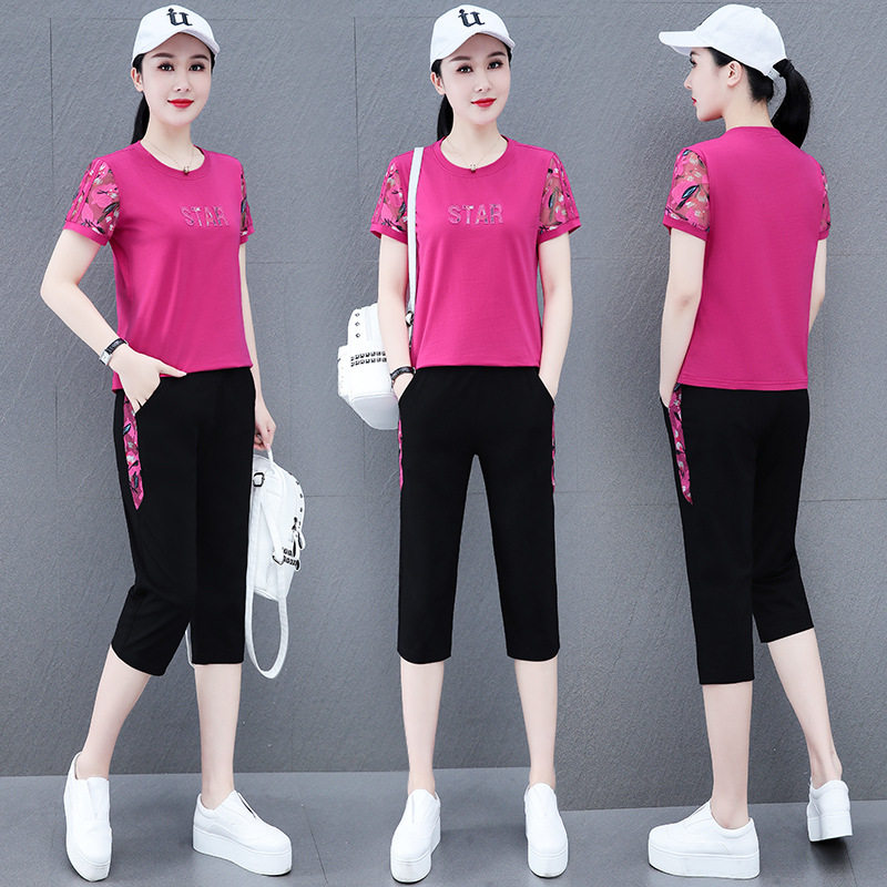 夏短袖运动服休闲套装女2022加大码夏装时尚洋气减龄小个子两件套