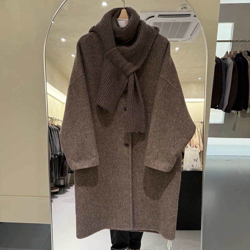 2025秋冬新款双面羊绒大衣女中长款宽松配围巾羊毛呢外套简约百搭