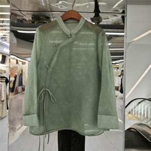 2026春装 新中式 宽松气质上衣绿色复古女装 女长袖 风立领系带衬衫