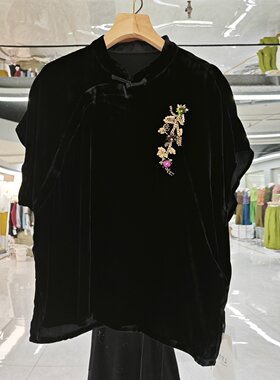 新中式立领盘扣丝绒刺绣短袖衬衫