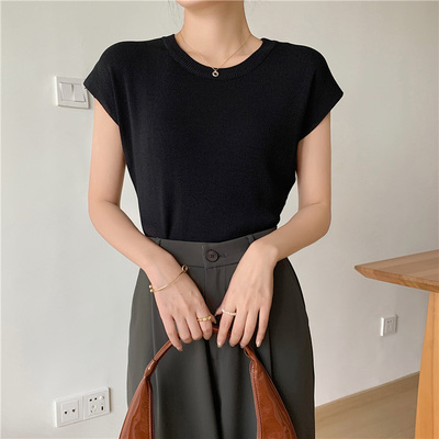 夏季冰丝小飞袖上衣冰丝针织T恤