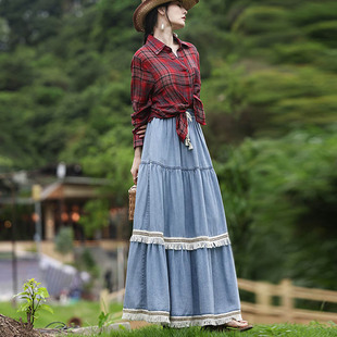 2026夏季复古天丝牛仔大摆长裙女夏季旅行拍照显瘦流苏半身裙百搭
