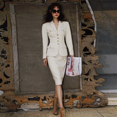 LISAYU复古白色花呢西装 套裙老钱风职业装 英伦羊毛呢半身裙两件套