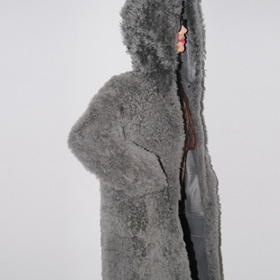 加厚托斯卡纳灰色百分百真皮毛一体连帽长款 大衣a货清仓甩货特价