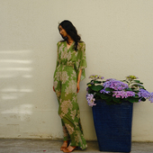 绿色花卉超长连体裤 2025LISAYU印花雪纺垂感连体裤 连衣裤