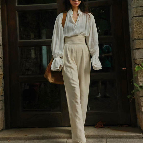 复古文艺棉宽松宫廷白色大衬衣大袖子泡泡袖大裤脚高腰亚麻长裤