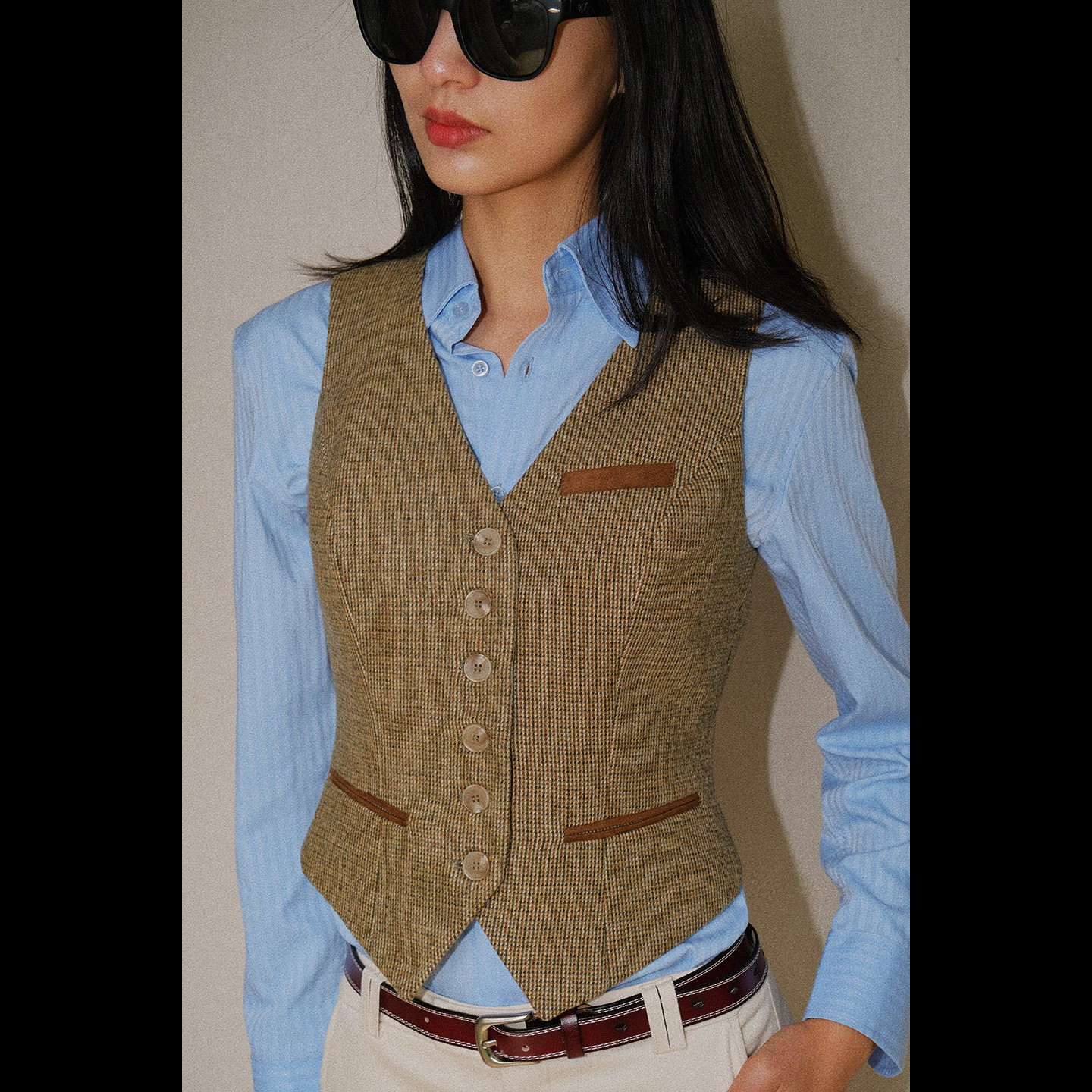 LISAYU羊毛毛呢格子西装格子羊毛马甲马裤长裤两件老钱风三件套装