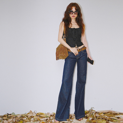 LISAYU2025宫廷束身法式收腰麂皮马甲修身瘦腿重工长阔腿裤牛仔裤