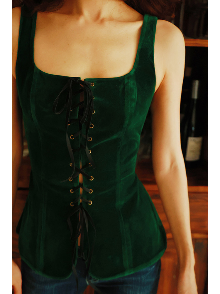 原创设计绿丝绒马甲单穿咖色丝绒复古背心胸衣紧身调节式胸衣马甲