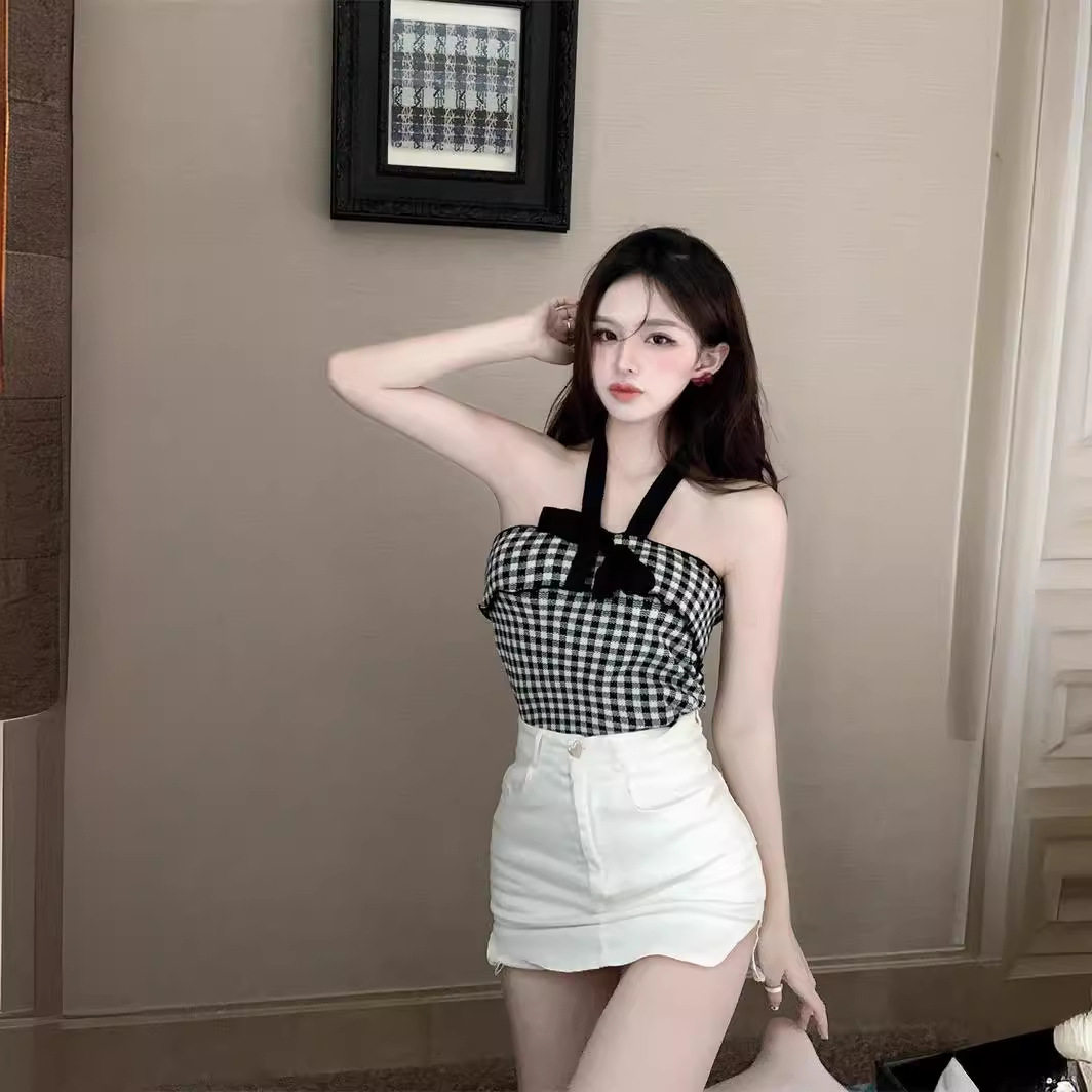 甜美减龄少女装衣服女主播服装上镜清纯气质系带挂脖抹胸吊带