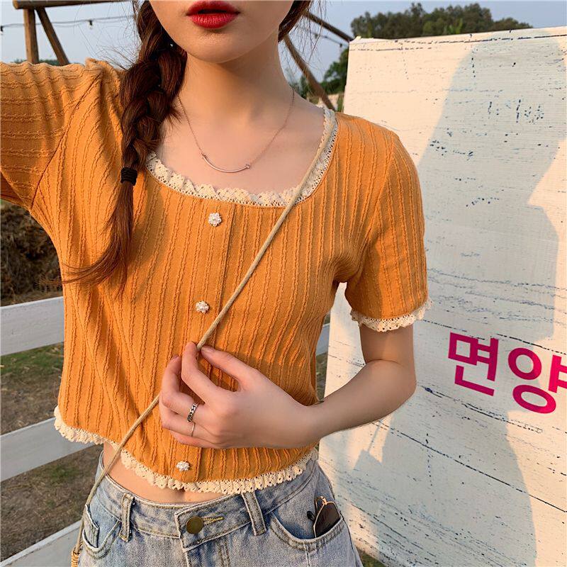 学院风甜美减龄橙色上衣夏季珍珠扣木耳正肩短袖T恤女辣妹短上衣