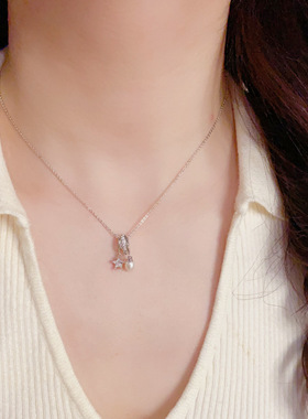 新中式复古国风镶钻锆石五角星星珍珠项链轻奢高端小众级感锁骨颈