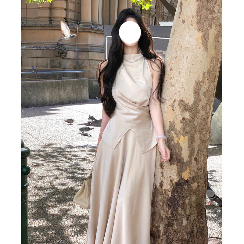 性感露肩缎面系带无袖上衣宽松阔腿裤时尚两件套装轻奢高端小众级