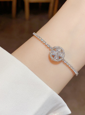 复古镶满钻锆石四叶草花朵手链旋转可调节轻奢高端小众级设计感潮