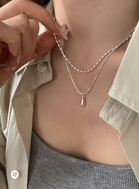欧美复古银色水滴项链双层轻奢小众高端级设计感冷淡风时尚锁骨颈