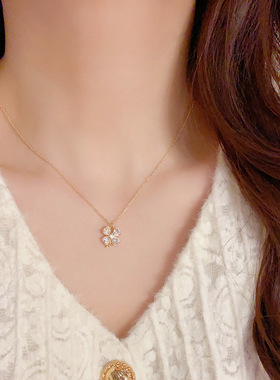 欧美复古镶钻锆石四叶草花朵项链轻奢高端小众级设计感精致锁骨颈