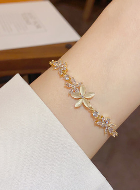 金属银色复古镶钻锆石猫眼石花朵抽拉式手链轻奢高端小众级设计感