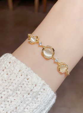 欧美镶钻锆石猫眼圆形手链可调节抽拉式轻奢高端小众级设计感精致