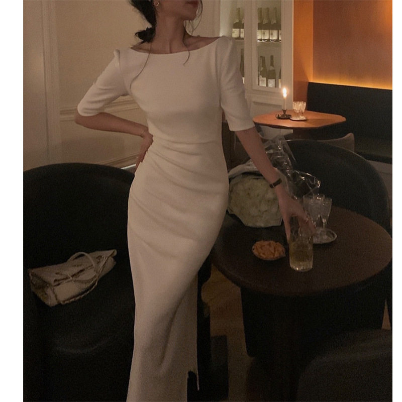 性感一字肩领露背礼服轻奢小众高端级气质名媛晚宴年会收腰连衣裙