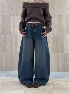 eeg58876弯刀牛仔裤女2025秋冬新款欧洲站洋气宽松拖地牛仔阔腿裤