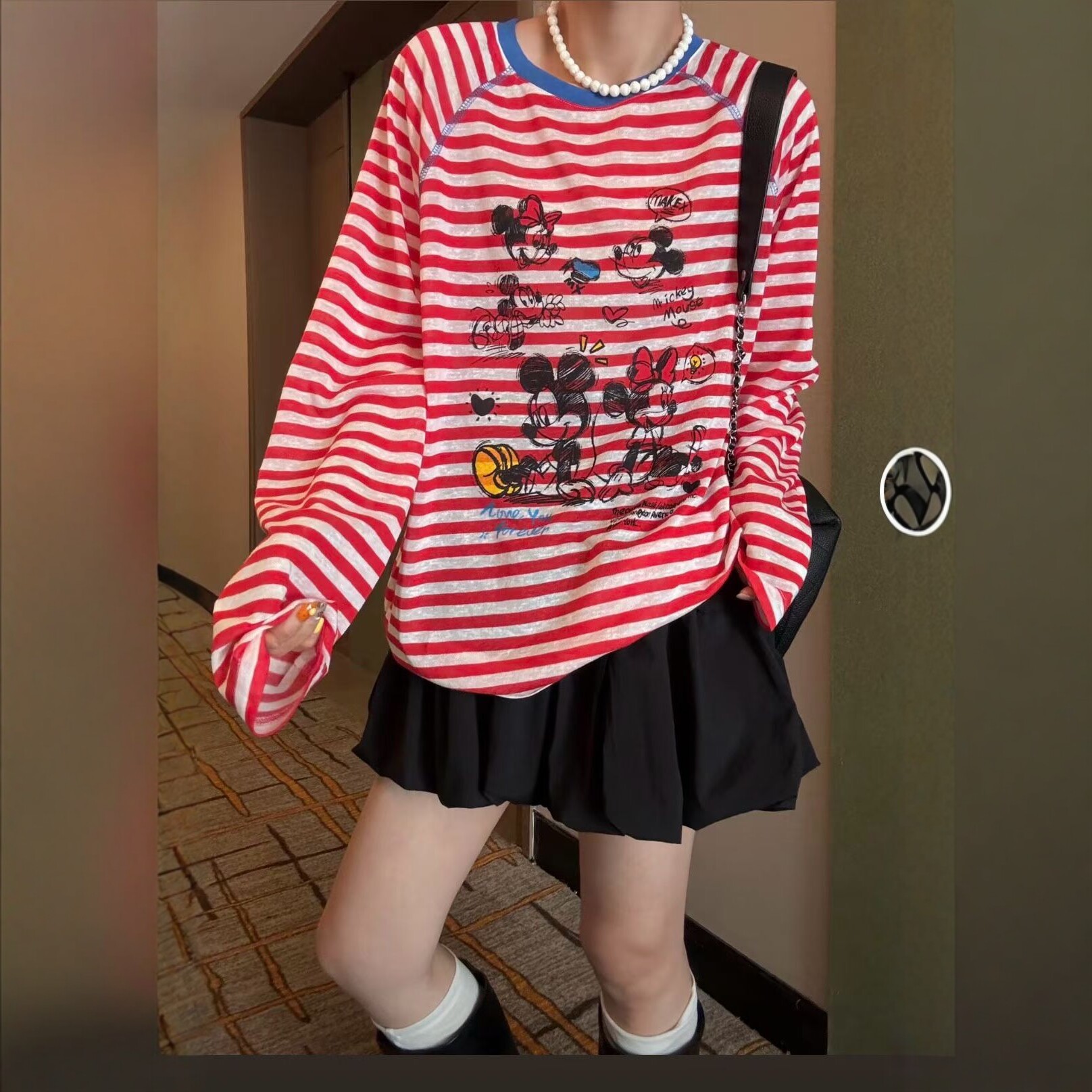 红色卡通条纹长袖T恤女2026夏新