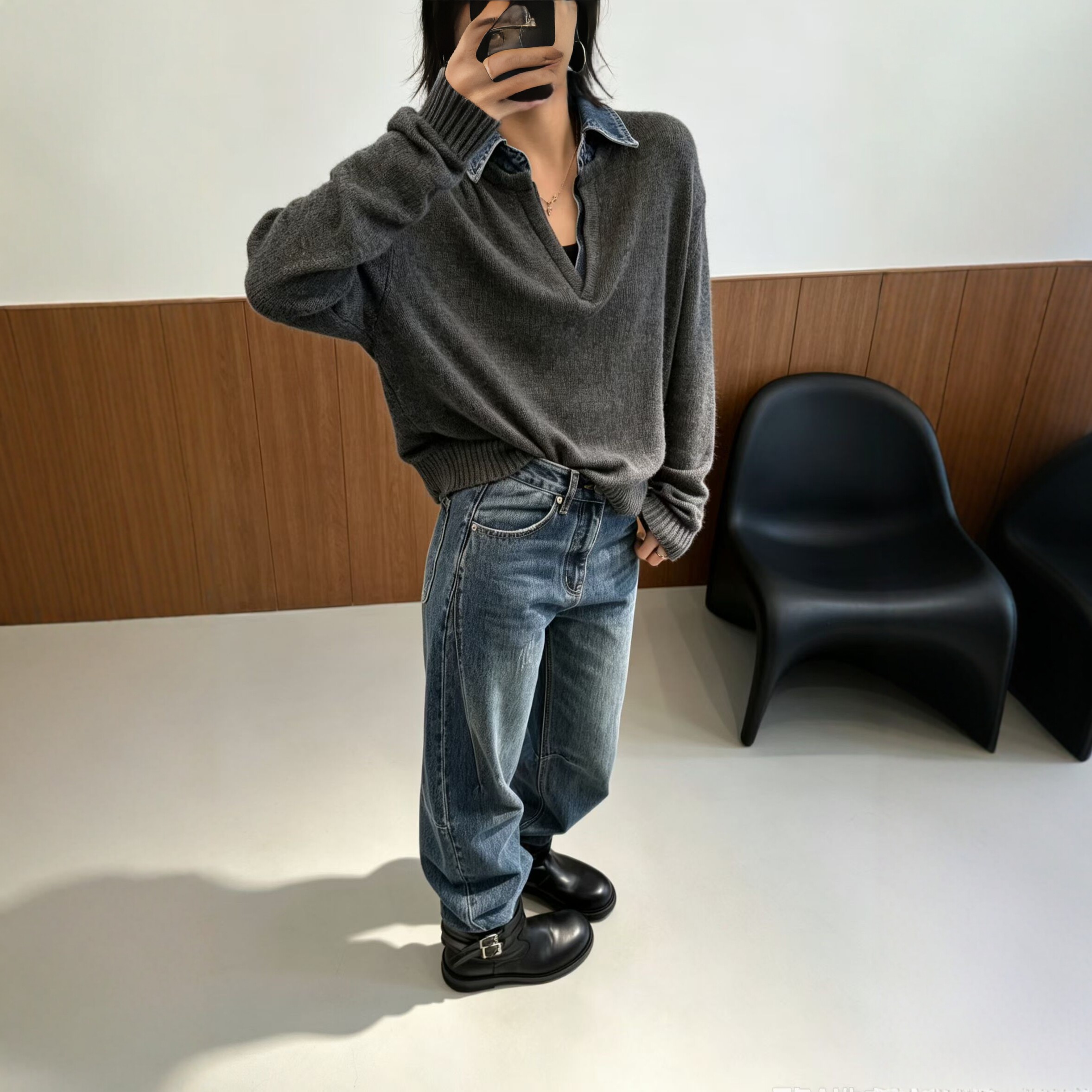 翻领开v拼牛仔假两件针织衫女潮