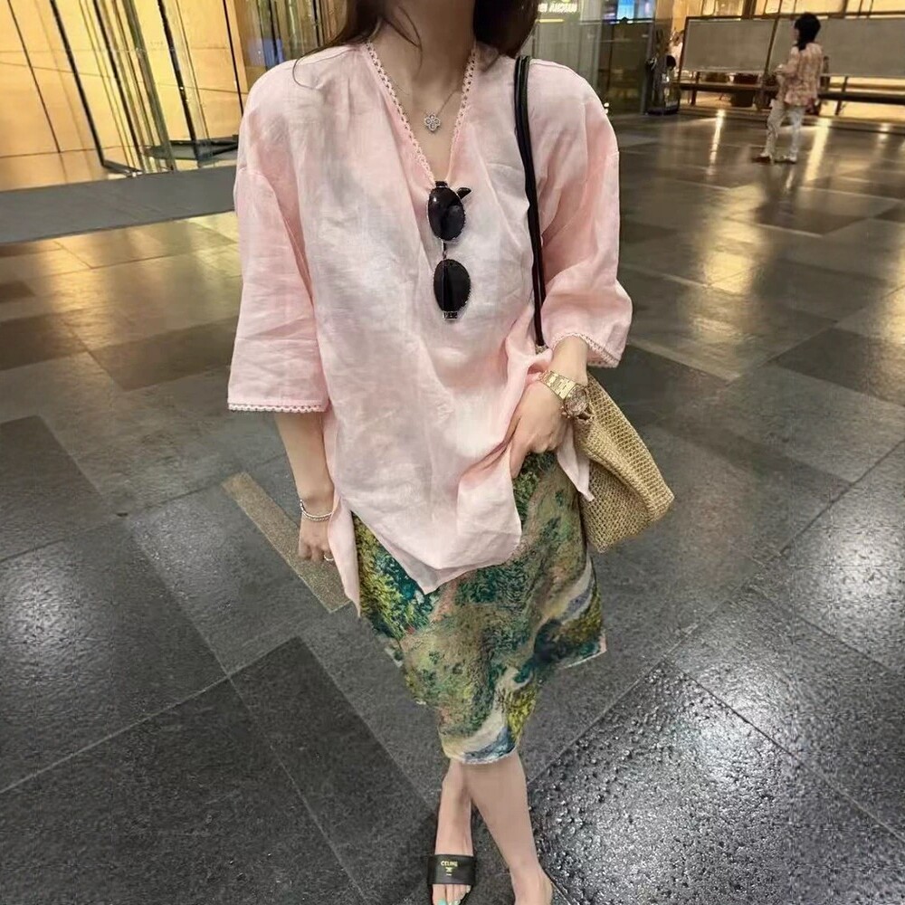 粉色苎麻衬衫印花半裙两件套女2026夏季宽松显瘦百搭休闲时尚套装