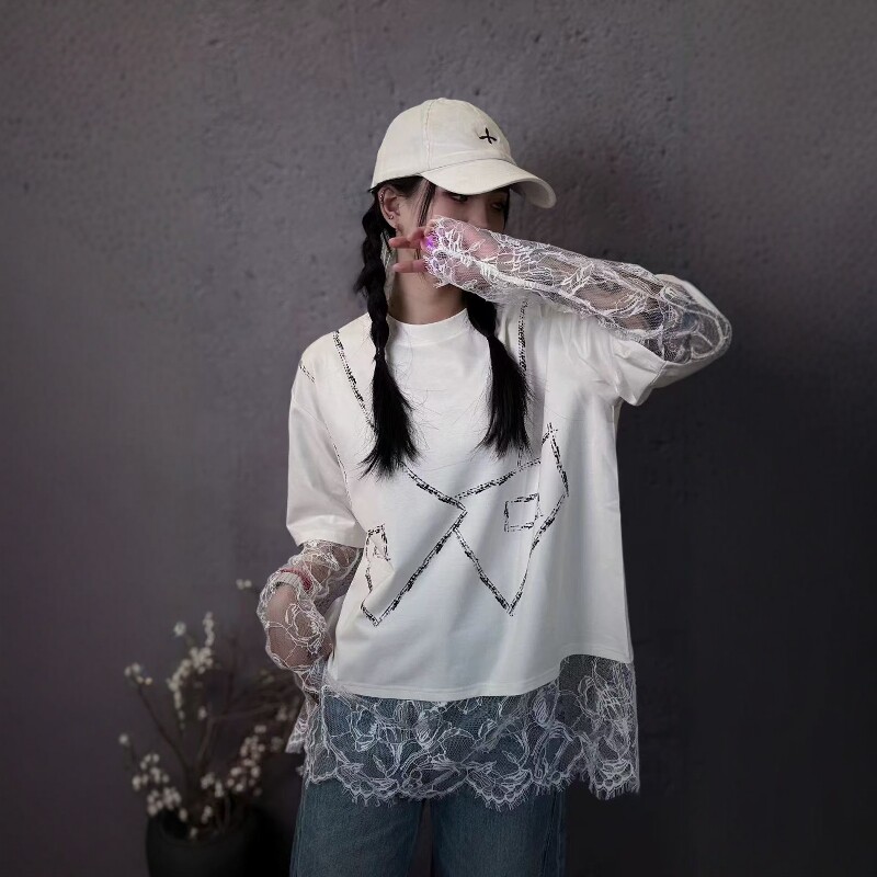 拼半透网纱蕾丝长袖假两件t恤女
